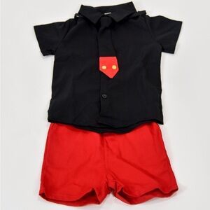 Micky mouse Black Short-Sleeve Shirt with Red Shorts Set